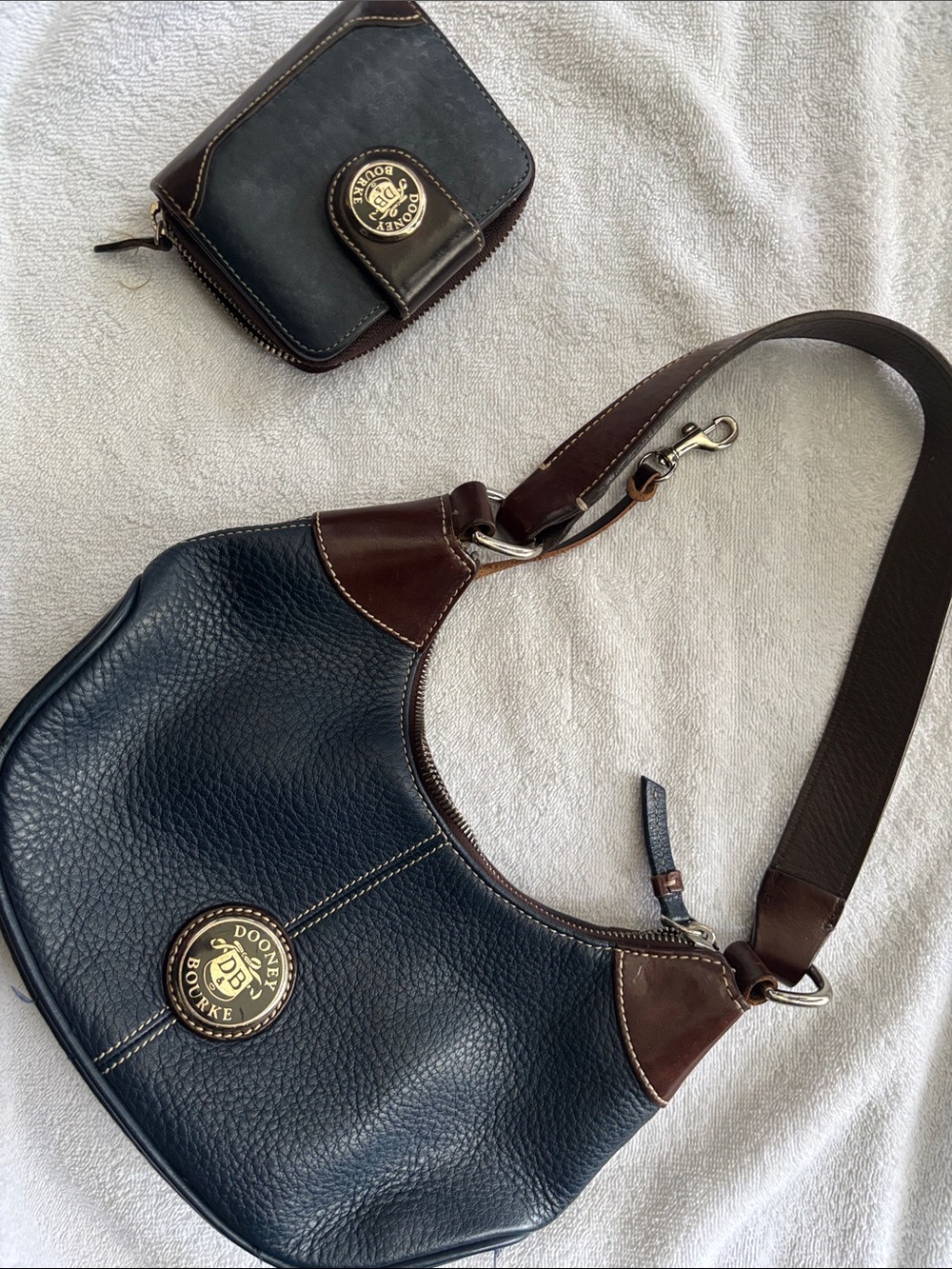 Dooney & Bourke Navy and Brown Pebble Leather Hobo Shoulder Bag and wallet
